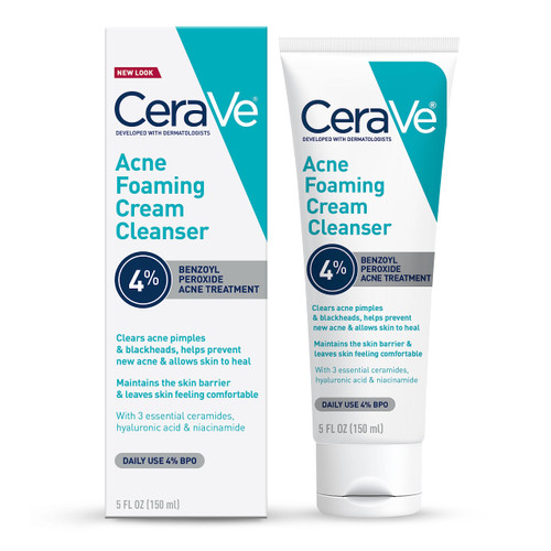 CeraVe Foaming Acne Cream Cleanser, Face Wash with 4% Benzoyl Peroxide, 5oz