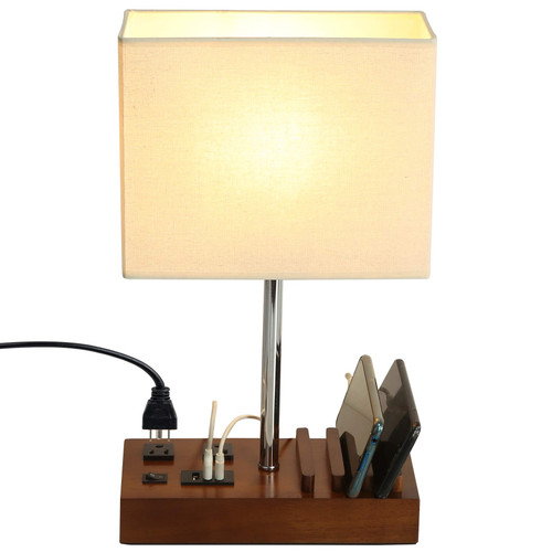 Briever USB Table Lamp, Multi-Functional Desk Lamp with 2 AC Outlets, Bedside Lamp with 3 USB Charging Ports and Wooden Phone Stands, Nightstand Lamp for Bedroom, Livingroom, Office, Black Shade