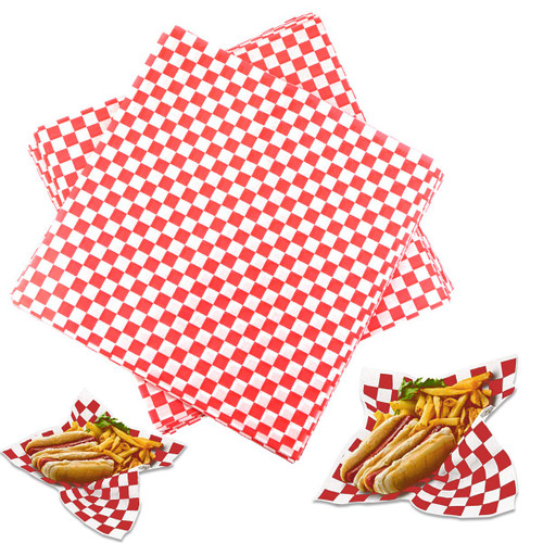 Hslife 100 Sheets Checkered Dry Waxed Deli Paper Sheets, Paper Liners for Plastic Food Basket, Wrapping Bread and Sandwiches (Red)
