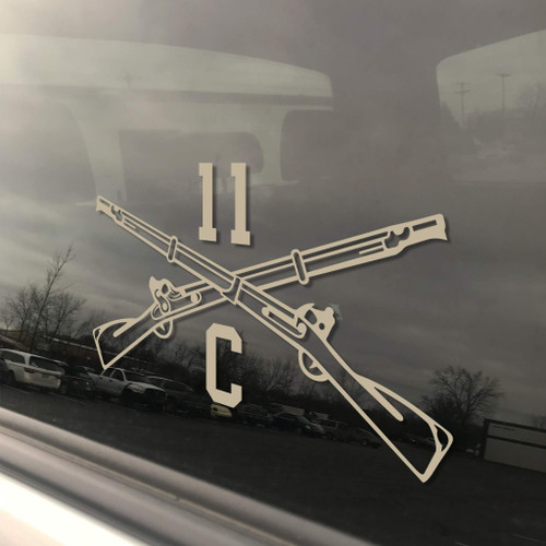 Military MOS 11C Infantry Mortarman Crossed Rifles 3x5 Tan Heavy Duty Die Cut Window Vinyl Sticker Decal