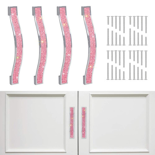 SAVORI Drawer Pulls Handle Bling Crystal Dresser Cupboard Closet Cabinet Wardrobe Door Furniture Handles Hardware Handle Pull for Home Kitchen Bathroom 4 Pack (14cm - 4 Pack, Pink)