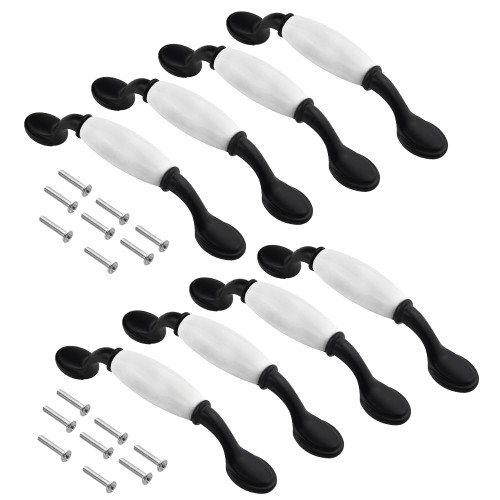 WMYCONGCONG 8 PCS 3.8"/96mm Centers Ceramic Cabinet Pull Spoon Foot Cabinet Handles and Drawer Pulls Black White Knob Hardware Handle for Kitchen Cabinets Cupboard Dresser
