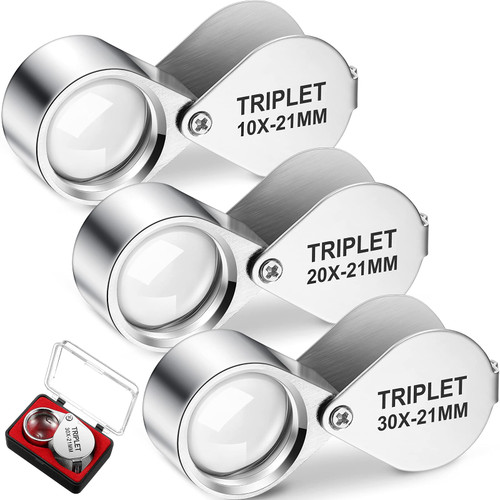 3 Pcs Jewelers Loupe Eye 10X 20X 30X Hand Lens Set,Silver,Triplet Style