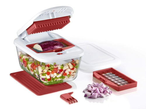 Valore Vegetable Chopper with 11-Cup Glass Food Container – Heavy Duty Food Chopper with 2 Stainless Steel Blades – Large French Fry Cutter for Fruits & Vegetables
