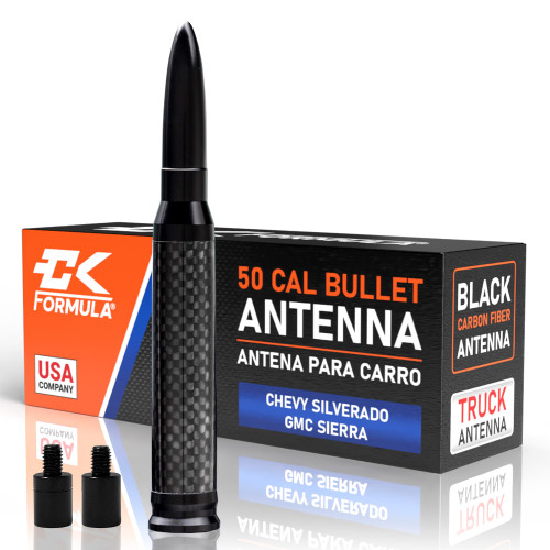 Black Carbon Fiber 50 Cal Bullet Antenna for Chevy Silverado & GMC Sierra (1999–2026), Anodized Billet Aluminum, Fade & Chip-Resistant, Car Wash Safe, Short Replacement Antenna, Truck Accessories