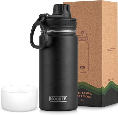koodee 16 oz Water Bottle Stainless Steel Double Wall Vacuum Insulated Water Bottle for School Wide Mouth Sports Bottle with Leakproof Spout Lid (Black)