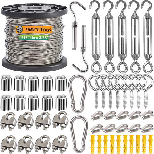 Roxanned 1/16" Wire Rope Kit,165FT 7x7 Strand 304 Stainless Steel Cable