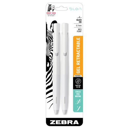 Zebra Pen bLen White Retractable Gel Pen, Black Ink, 0.7mm, 2-Pack