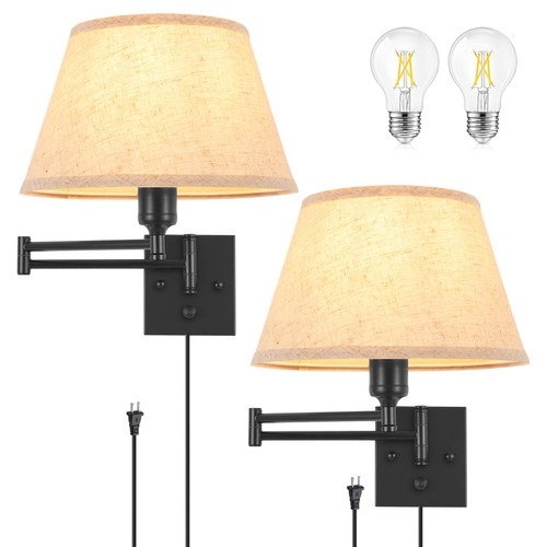 TRLIFE Dimmable Wall Sconce Plug in, Wall Sconces Set of Two Swing Arm Wall Lights with Plug in Cord and On/Off Dimmer Rotary Switch, 11.8" Large Beige Fabric Shade(2 Pack, 2 Bulbs Included)