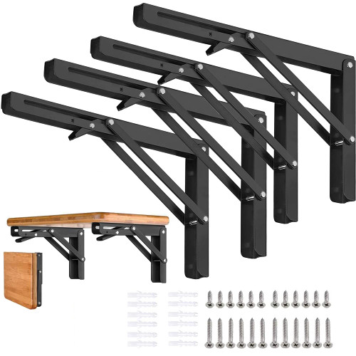 AUTOHJ Folding Shelf Brackets - 16 Inch 4 Pcs Heavy Duty Metal Collapsible Shelf Bracket, DIY Wall Mounted Shelf Bracket Space Saving for Table Work Bench (with Screws)