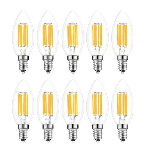 Lamsky E14 Dimmable LED Bulb,110V 600Lumens 60W Equivalent Warm White 3000K,E14 European Base Candelabra LED Bulbs,Clear Glass Torpedo Shape(10-Pack)