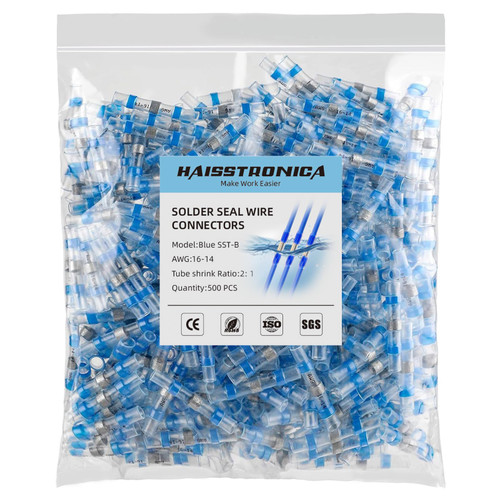 haisstronica 500PCS Solder Seal Wire Connectors, AWG 16-14 Blue Sleeves