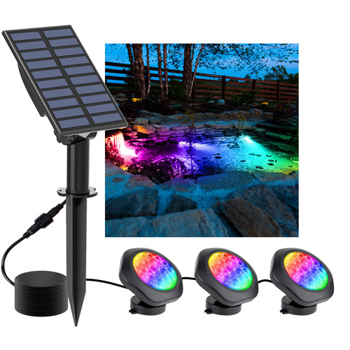CREPOW Solar Pond Lights, 18 LED Super Bright RGB LED Underwater Spotlights Color Changing Submersible Pond Light IP68 Waterproof Fountain Lights for Fish Aquarium Tank Garden Yard Pool (3-in-1)