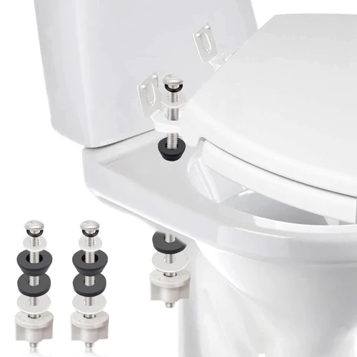 Universal Toilet Seat Hinge Bolts Kit, Heavy Duty Toilet Bolts, Waterproof Stainless and Rubber Washers Gaskets with Extra Long Nut White Plastic Down Lock Screw for Fastening (Silver) (2)