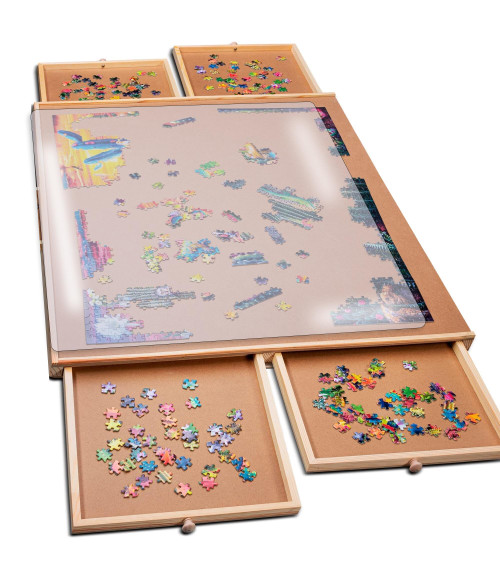 PlayVibe 1000 Piece Puzzle Board with Drawers & Cover - Wooden Tray