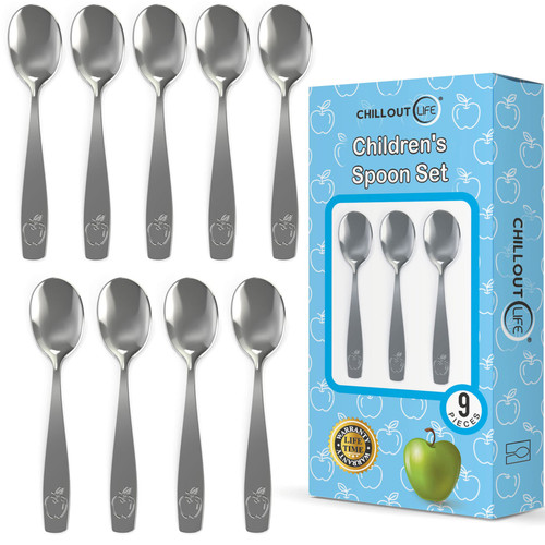 9 Piece Stainless Steel Kids Spoons - Child and Toddler Safe Flatware - Kids Utensil Set - Metal Kid Cutlery Set, Dinner Spoon Set for Dessert - Includes a Total of 9 Small Spoons