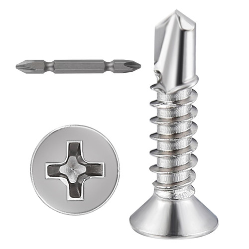 Wensilon（400pcs）#8×3/4”for Sheet Metal Self-Tapping Screws 410 Stainless Steel Flat Head High-Strength Quick self-Drilling Screws