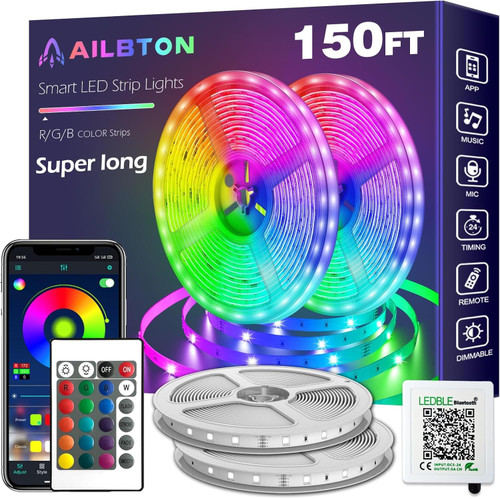 AILBTON 150ft Led Strip Lights(2 Rolls of 75ft led Lights) Ultra Long Led Light Strip with App Voice Control Remote,5050 RGB Music Sync Color Changing Led Lights for Bedroom,Party,Home Decoration