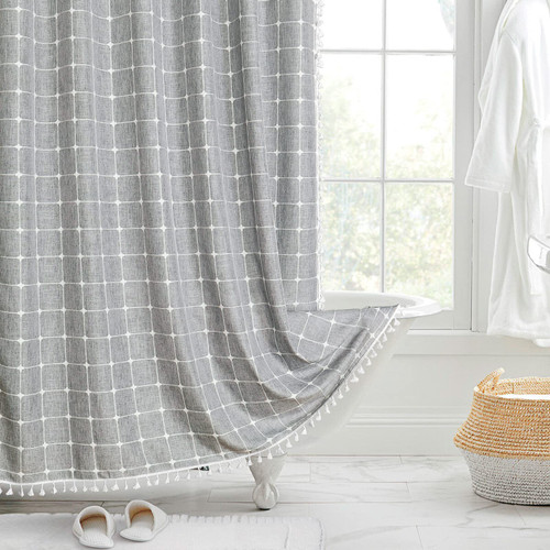 Boho Farmhouse Classic Plaid Linen Tassel Shower Curtain Tan Brown,72x84
