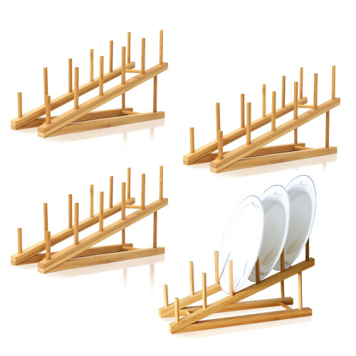 TIE-DailyNec 4 PCS Wooden Dish Drying Rack Bamboo Plate Dish Rack Stand Kitchen Cabinet Organizer Pot Lid Holder for Plate, Dish, Cup, Cutting Board, Bowl, Pot Lid