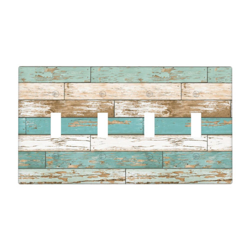 Rustic Farmhouse Light Switch Cover 4 Gang Wall Plate Quad Toggle Switch Plate Covers, Teal Beach House Wood Themed Decorative Light Switch Plates, 4.5 x 8.0 Inch