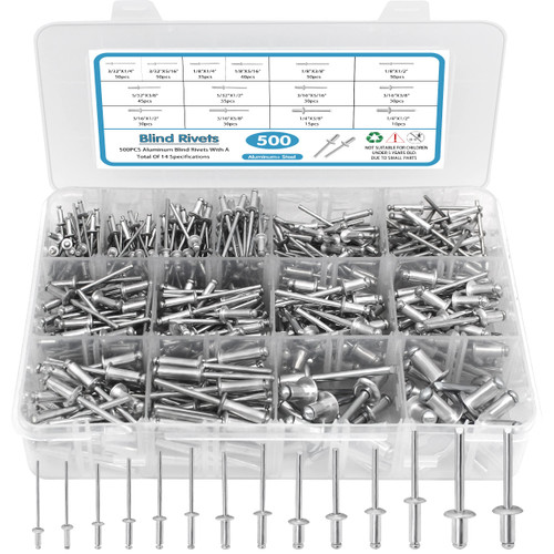 SATANTECH 500pcs Pop Rivets Assortment Kit,14 SAE Sizes Aluminum Rivets (3/32" 1/8" 5/32" 3/16" 1/4"), Assorted Blind Rivets with Reinfored Divider & Labeled Case