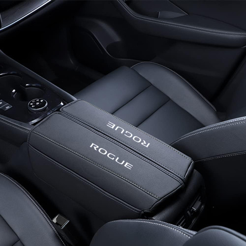 XITER with Rogue Logo 1PC Leather Center Console Armrest Cover with Side Pockets for Nissan Rogue 2021 2022 2023 2024 2025 2026 Accessories(Black Stitches)