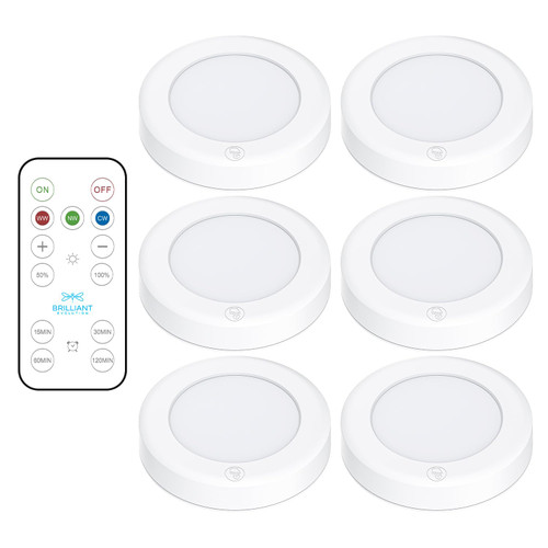 Brilliant Evolution LED Tap Light Push Lights with Remote - 6-Pack Battery Operated Under Cabinet Lights - Stick On Puck Lights for Kitchen, Closet, and Night Lighting - Wireless Warm White, 55 Lumens