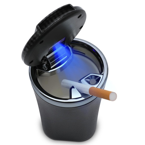 EOCICI Car Ashtray with Lid Auto Ashtrays Smell Proof Smokeless Ashtray for Car Easy Clean Up Detachable Ash Tray with LED Blue Light (Black)