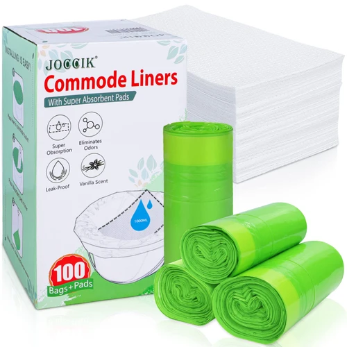 Bedside Commode Liners with Super Aborbent Pad, 100 Bags+100 Pads for Bedside Toilet Chair Bucket