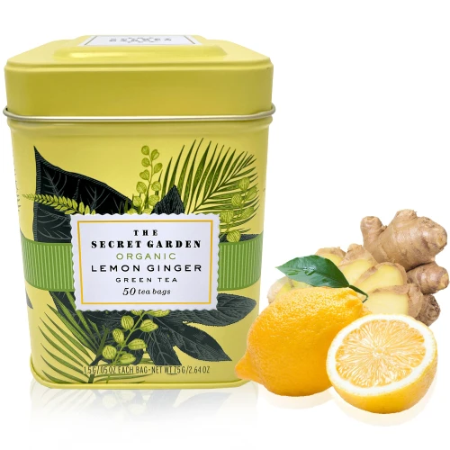 Organic Lemon Ginger Ceylon Green Tea - 50 Packets - Natural Antioxidant Rich Herbal Leaf Teabags - USDA Certified 100% Non-GMO - Caffeinated Premium Designer Tin