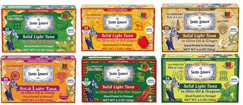 Discoverer 6 Flavor Variety Pk Canned Wild Pole & Line Tuna Fillet in Olive Oil (6 Pk) Mediterranean Diet Turmeric Curry, Basil, Ginger, Piri Piri, Oregano, Bell Pepper - Hand-Packed in PORTUGAL