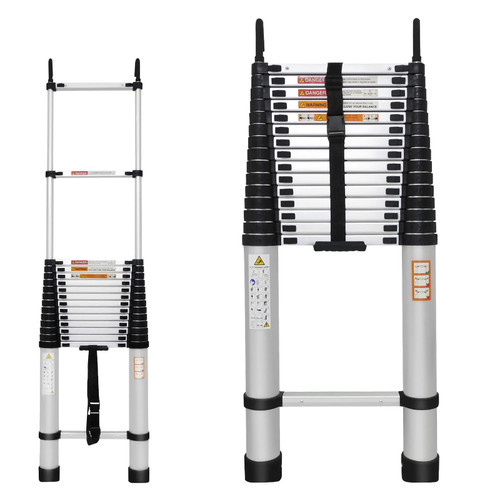 20.3ft Extension Ladder with 2 Detachable Hooks, Aluminum Telescoping Folding Ladder Portable Home Ladder, 3.4ft Folded Height, Adjustable Height, 330lbs Load Capacity, EN131 Standard
