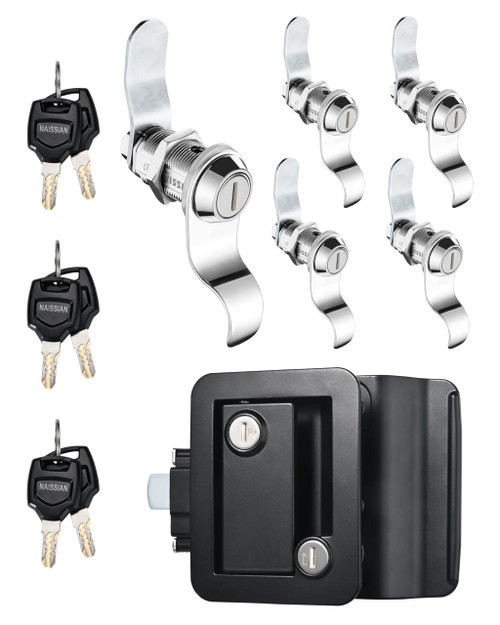 Naissian Camper Door Lock + 1-1/8" RV Stroage Cam Lock Set,Deadbolt Lock for Entry Side Door Lock with Handle, Travel Trailer Security Door Latch, Black,Pack of 1+ 5 Cam Locks,6 Keyed Alike