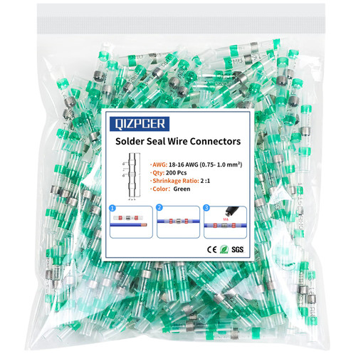 200Pcs Waterproof Solder Seal Wire Connectors, 18-16 Gauge Green Heat Shrink Butt Connectors for Electrical Marine, Automotive and Wiring Terminal Splices