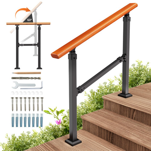 Metal Wood Grain Handrail for Elderly, 3 Step Hand Rails for Outdoor Steps