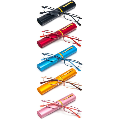 REAVEE 5 Pack Slim Portable Reading Glasses for Men Women, Computer Blue Light Blocking Small Readers Metal Frame Spring Hinge with Pocket Compact Pen Case, Black Red Pink Blue Gold 2.75