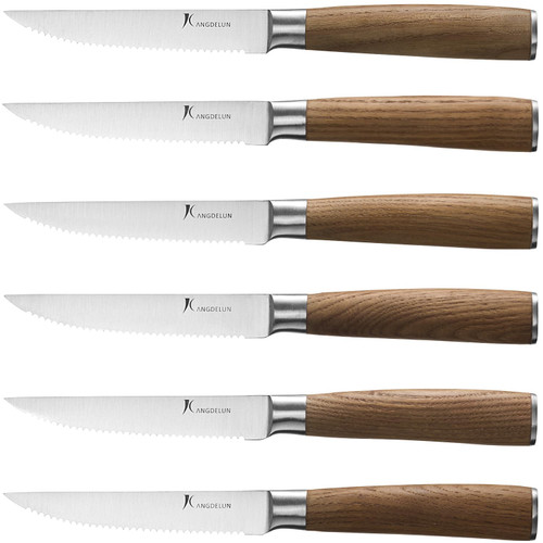 kangdelun 6-Piece Steak Knife Set, 4.5" Serrated Steak Knives, 50Cr15MoV High-Carbon Stainless Steel, 58±2 HRC Ultra Sharp, Brown Natural Ash Wood Handle, Gift Box for Wedding, Housewarming, Holiday