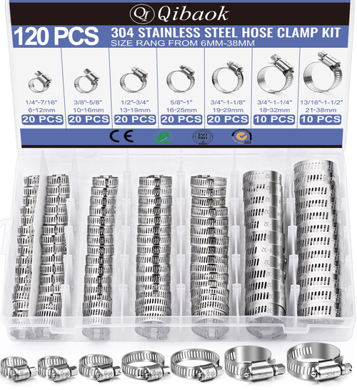 Hose Clamp- Qibaok 120 PCS Stainless Steel Hose Clamps Assortment Kit