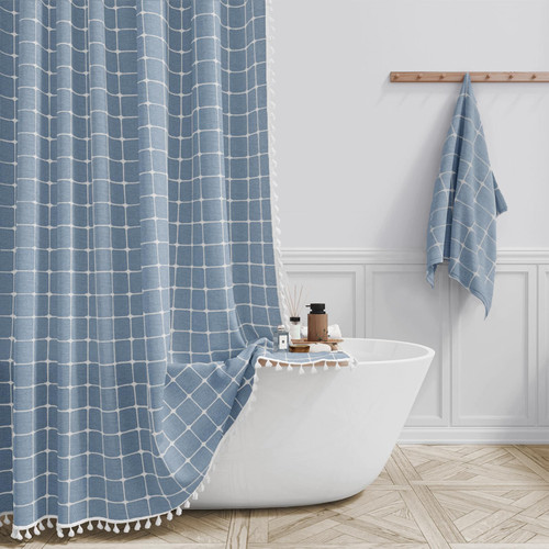 BTTN Extra Long Boho Farmhouse Linen Heavy Duty Shower Curtain, 72x96, Blue