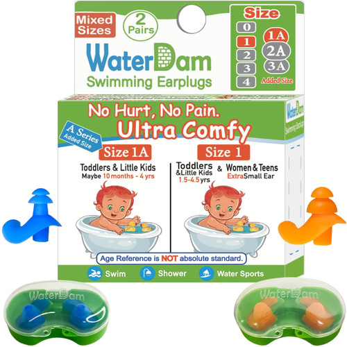 WaterDam A-Series Swimming Ear Plugs Ultra Comfy Great Waterproof Earplugs (Mixed Sizes, Size 1A+1: Toddler Little Kids 10m-6yrs & ExtraSmall Ear Women&Teens)