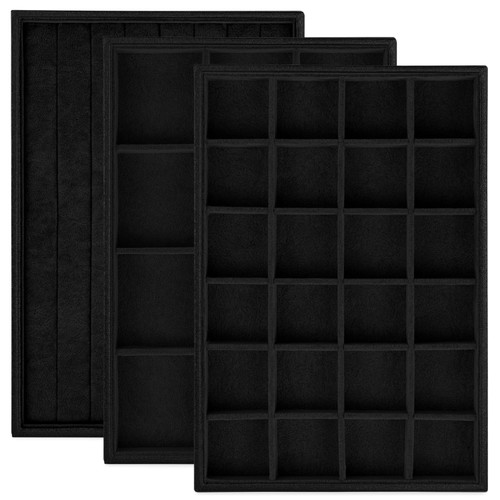 Rocutus Jewelry Trays,3 Pack Stackable Velvet Jewelry Organizer Tray Drawer Jewelry Storage Tray,Divided Ring Organizer Tray for Earrings, Necklaces, Bracelets,13.8"x9.5"x1.2" (Black)
