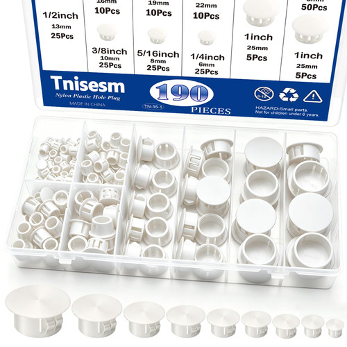 Tnisesm 190Pcs 9 Sizes Nylon Plastic Hole Plugs 1/5" 1/4" 5/16" 3/8" 1/2" 5/8" 3/4" 7/8" 1"Round Drill Hole, Flush Type Panel Knockout Locking Plugs,Screw Covers for Furniture Cabinet Insert End Caps