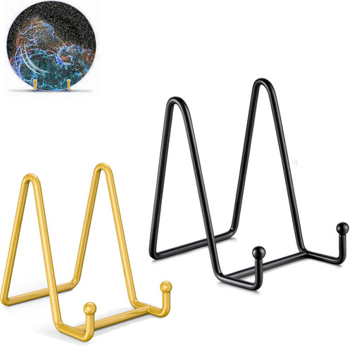 Plate display stand 3 Inch Gold 3‘’ & plate display holder4‘’ 4 Inch Black Metal Plated Kitchen Book Holder/Stand, Wire Metal Easel, Small Photo Stands for Table, Display for Picture Frames, Plaques, & Plates