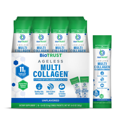BioTrust Ageless Multi Collagen Peptides Powder - Types I, II, III, V, X - Unflavored Collagen Powder for Women & Men - Hydrolyzed Protein- Grass Fed Beef, Fish, Chicken, Eggshell Membrane(16 packets)