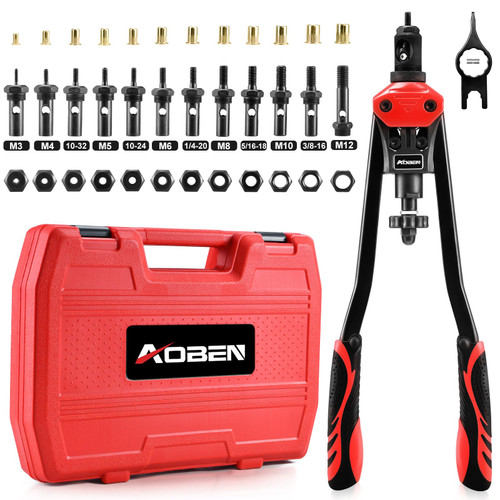 AOBEN 16" Rivet Nut Tool, Professional Hand Rivet Nut Setter Kit with 12 Interchangeable Metric & SAE Mandrels, 145Pcs Rivnuts and Rugged Carrying Case
