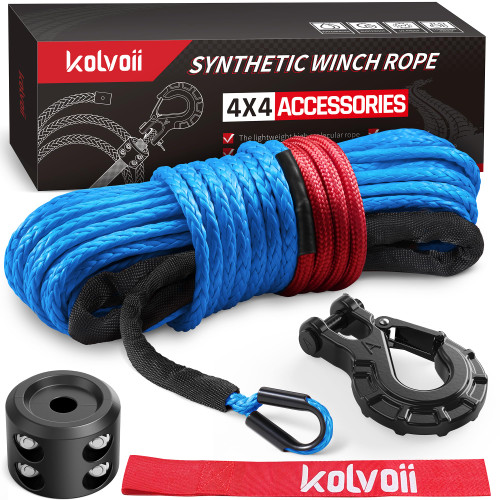 Kolvoii Synthetic Winch Rope Kit 1/4" x 50ft 9,650lb Blue Rope/Black Hook