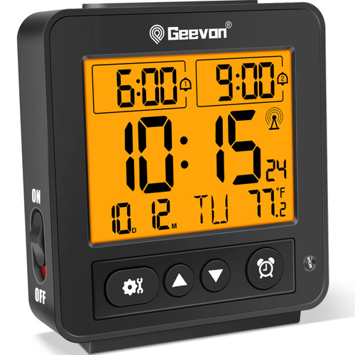 Geevon Small Atomic Travel Alarm Clock with Auto/8s Backlight, 2 Alarm Settings, Temperature, Increasing Beep Sounds Digital Atomic Travel Clock Battery Operated for Bedroom, Bedside, Black