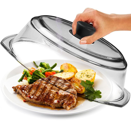 Le'raze Tall Glass Microwave Splatter Cover - Cool Touch Easy Grip Handle