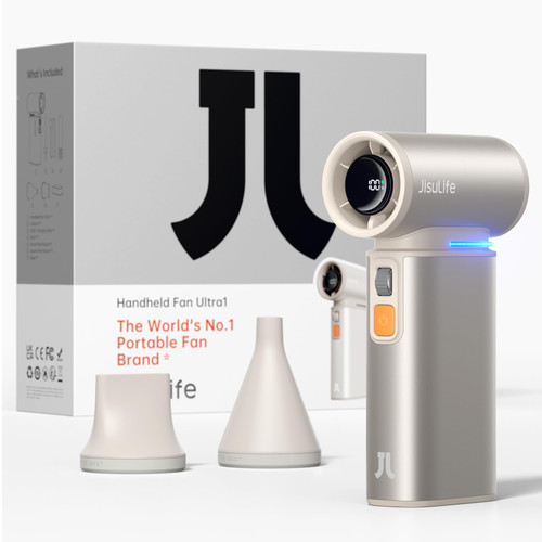 JISULIFE Portable Handheld Turbo Fan, 100 Speeds Adjustable Mini Personal Fan, 9000mAh USB Rechargeable Fan Battery Operated, LED Display, Metal Shell with Accessories Gifts for Men Women Travel-Brown